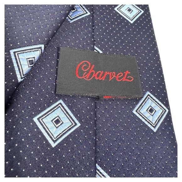 Charvet Silk Necktie Mens Blue Geometric Squares Pattern Formal Business - Picture 3 of 3